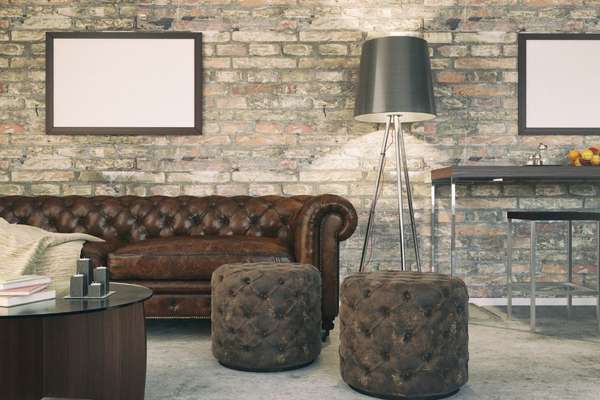 Brown Leather Couch with Pouf Ottoman