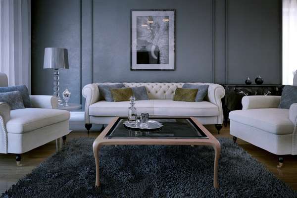 A living room with a rectangular coffee table