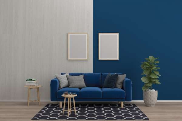 Contrast the cool blues sofa