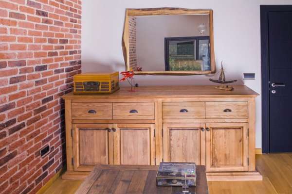 Rustic Wood Shelf With Mirror Accent