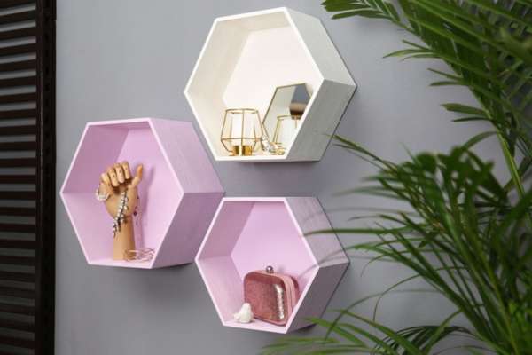 Hexagonal Shelf With Mirrored Surfaces